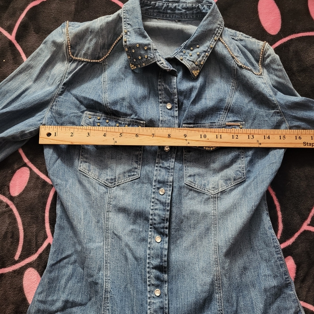 Denim Rhinestone Studded Women's Button Down Jacket - Picture 7 of 8